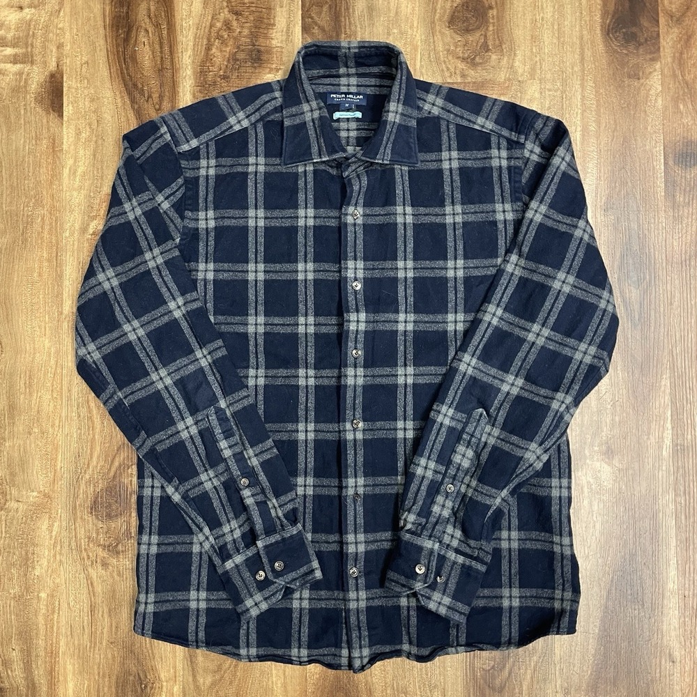 Peter Millar Crown Crafted Japanese Flannel Sport Shirt Mens Medium Blue Plaid